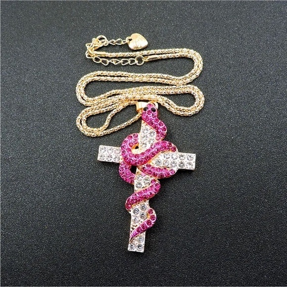 BETSEY JOHNSON ALLOY AND RHINESTONE PINK CRYSTAL SNAKE CROSS - Picture 1 of 4